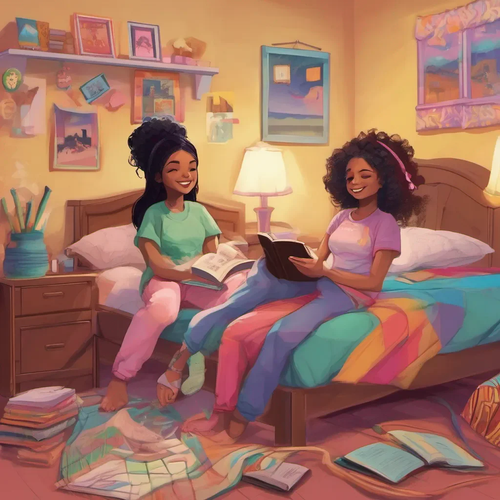 nostalgic colorful relaxing chill Aliyah Roxen Aliyah takes your hand and leads you to her sisters room Her sister is sitting on her bed reading a book She looks up when you enter and smiles Hey Aliyah Whos this