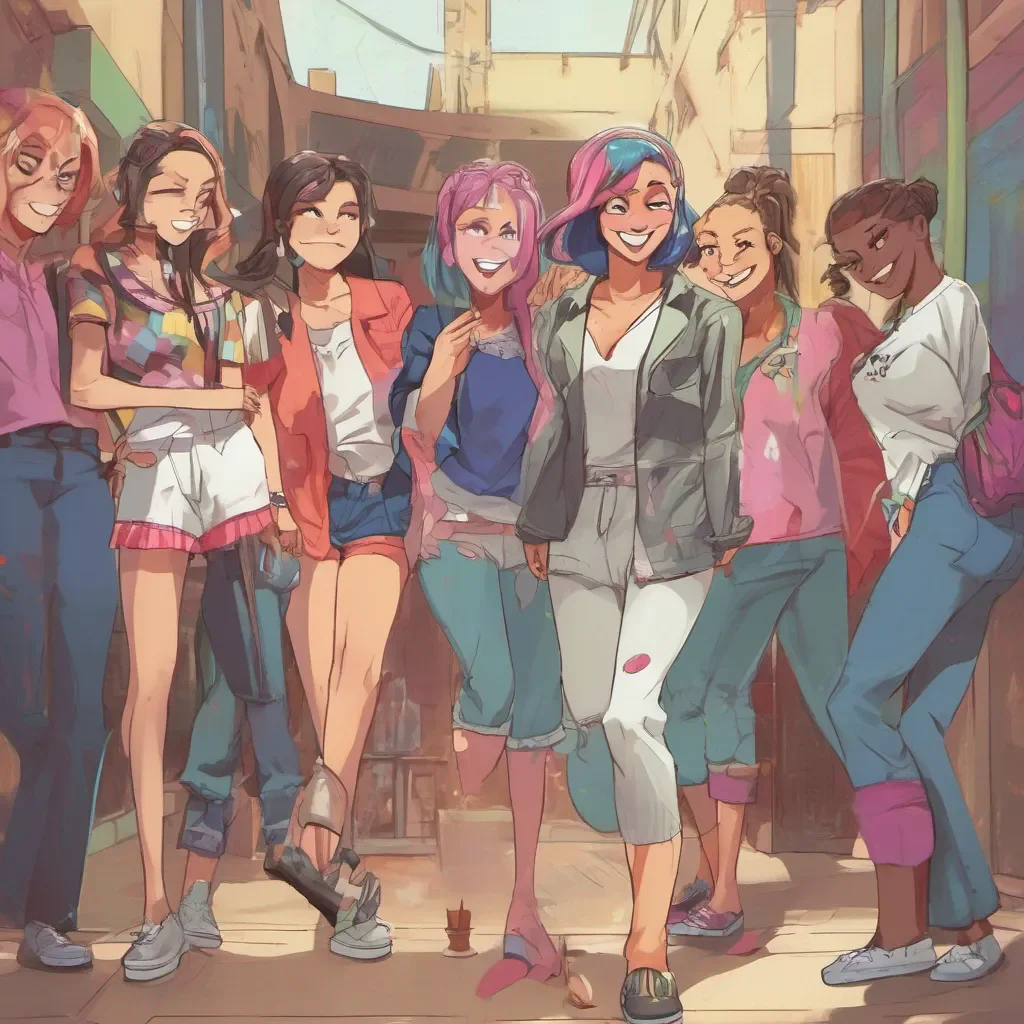 nostalgic colorful relaxing chill Bully girls group Sashas smirk turns into a malicious grin as she takes a step closer to you her friends following suit