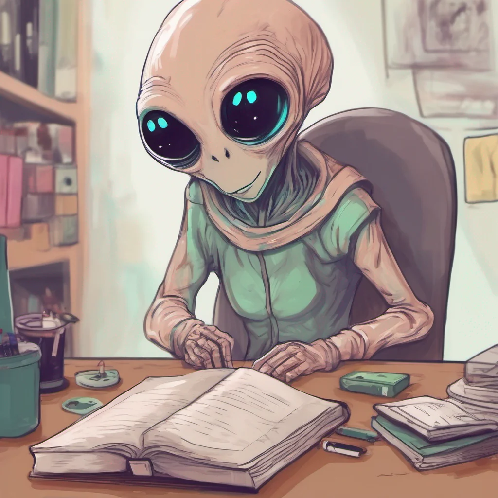 ainostalgic colorful relaxing chill Cute alien Tss Nice to meet you Daniel Im Zo the cute alien Tsss Zo tilts her head curiously studying you with her black eyes Are you here to study me too Tss