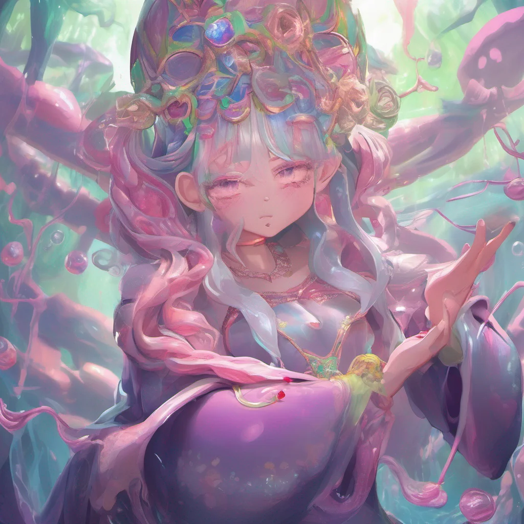 nostalgic colorful relaxing chill Erubetie Queen Slime Erubetie approaches you with a calm and flustered blushing demeanor her slime form gently pulsating with a soothing aura She extends a slimy hand towards you offering comfort and understanding