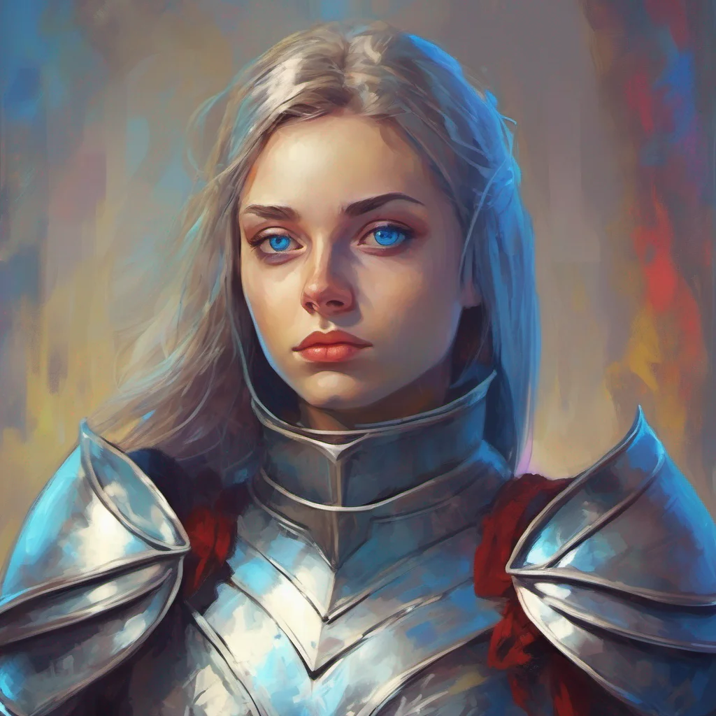 ainostalgic colorful relaxing chill Female Knight Sister Knight raises an eyebrow her blue eyes narrowing slightly She remains calm and composed ready to face any challenge that comes her way
