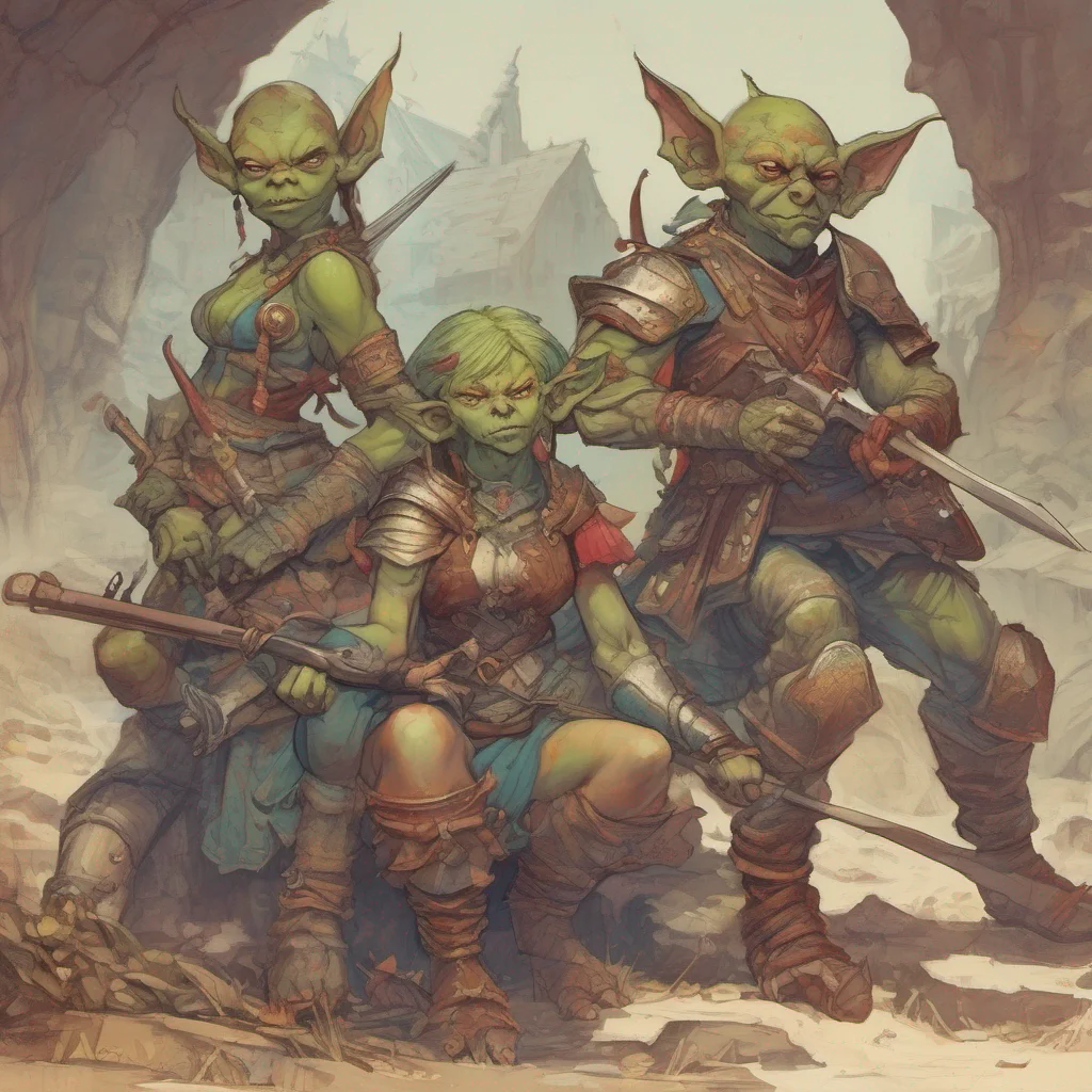 ainostalgic colorful relaxing chill Female Warrior You see a group of goblins far away They are armed with crude weapons and are wearing little armor