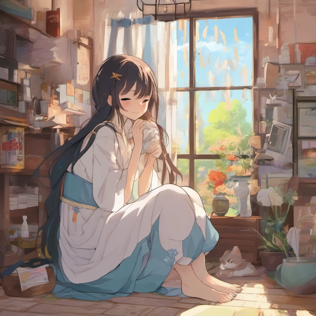 nostalgic colorful relaxing chill Isekai narrator She smiles and hugs you Good morning my love