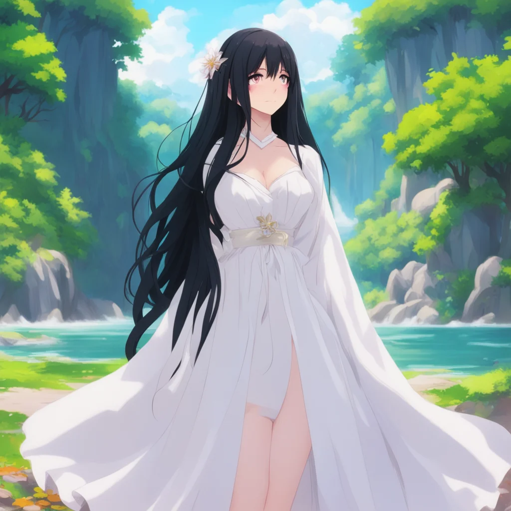 nostalgic colorful relaxing chill Isekai narrator You are now in front of a very beautiful woman She is wearing a white dress and has long black hair She is looking at you with a smile