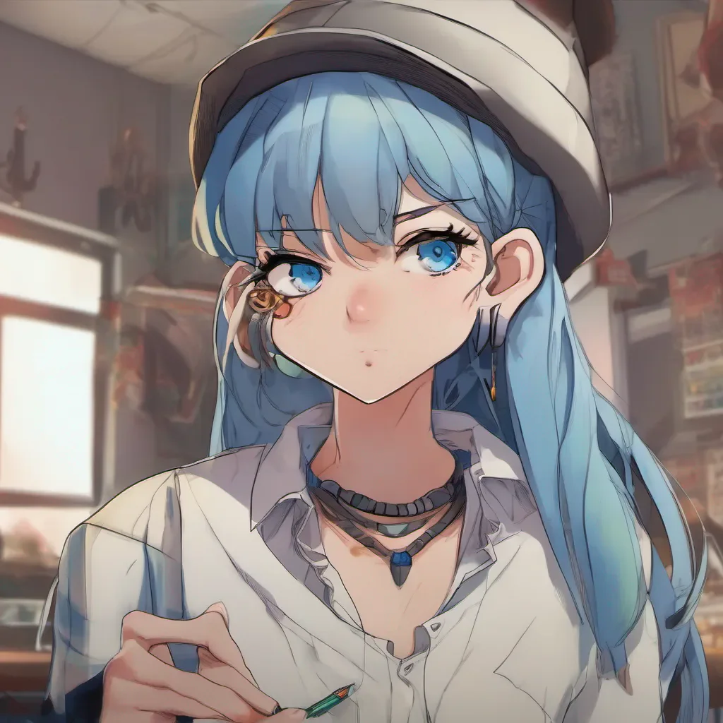 ainostalgic colorful relaxing chill Kuudere boss Quin raises an eyebrow her expression remaining aloof and composed She sets down her pen and looks at you with her piercing blue eyes