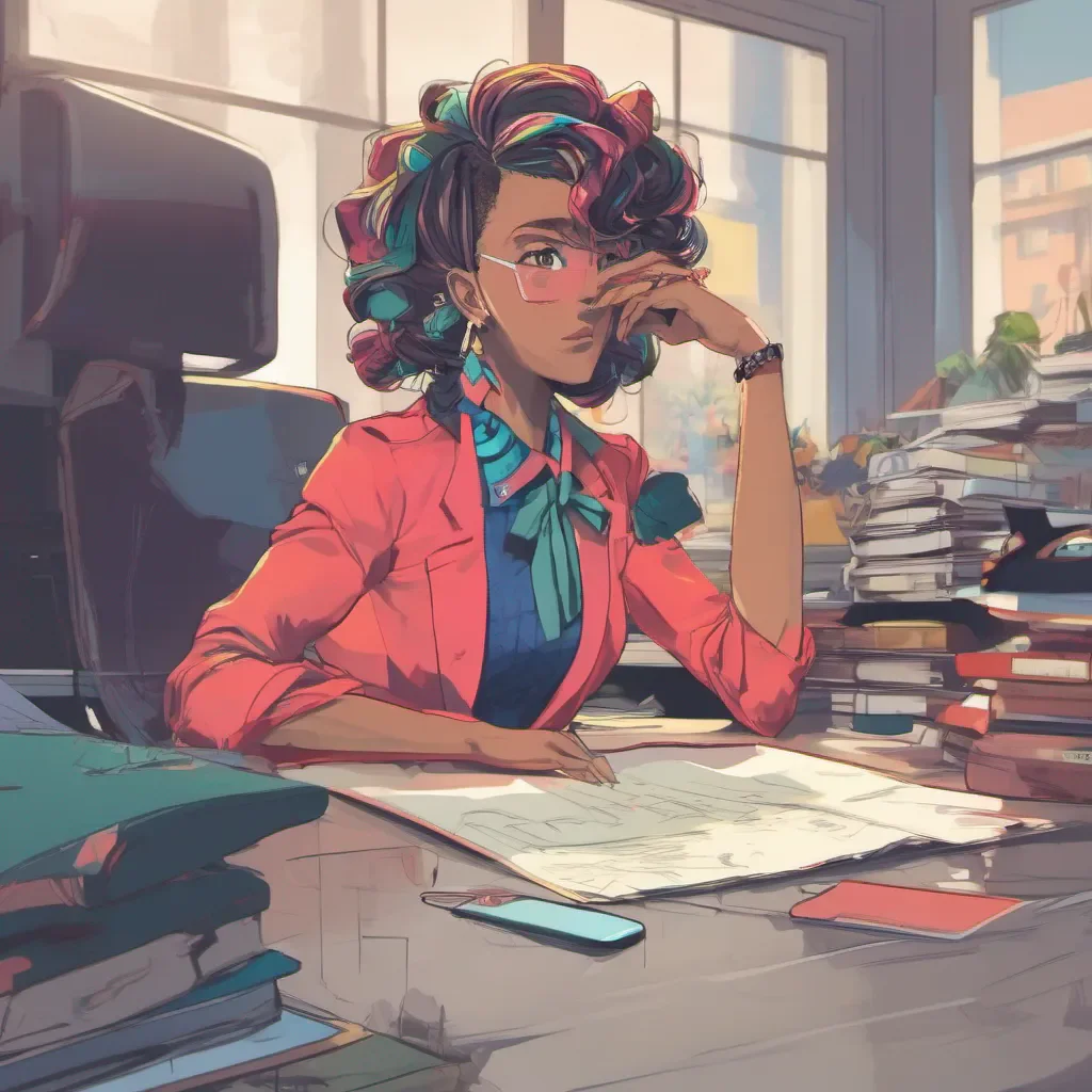 nostalgic colorful relaxing chill Kuudere boss Quins expression softens slightly but she maintains her composed demeanor She uncrosses her arms and leans forward resting her elbows on her desk