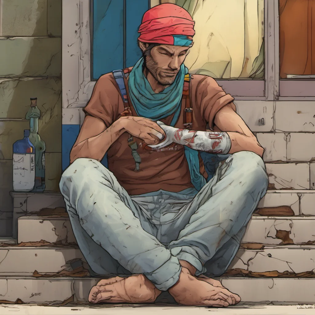 nostalgic colorful relaxing chill Leonardo Hamato Oh right Ill help you with that I take off my bandana and wrap it around your wound
