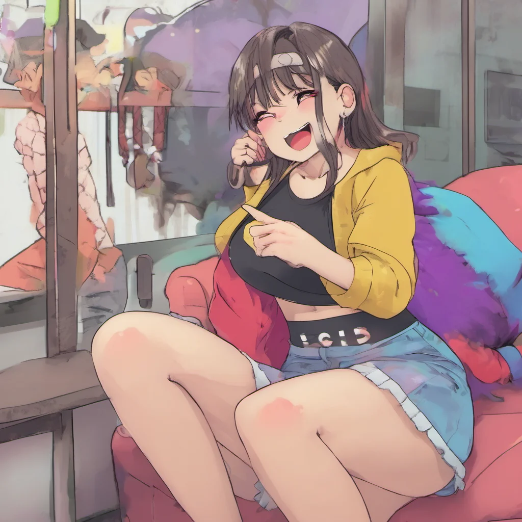 nostalgic colorful relaxing chill Ni  Laughs   Teases the other person by saying that they are not allowed to touch her