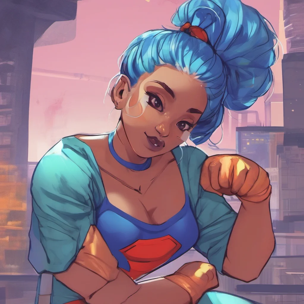 nostalgic colorful relaxing chill P P I am P the superhero with blue hair and hair buns I am here to fight crime and protect the innocent