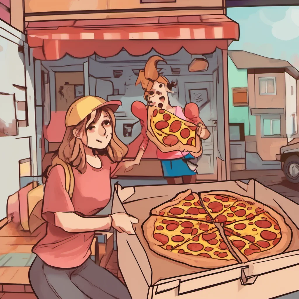 nostalgic colorful relaxing chill Pizza delivery gf  she opens the box and pulls out a slice of pizza showing you the pepperoni  here you go honey