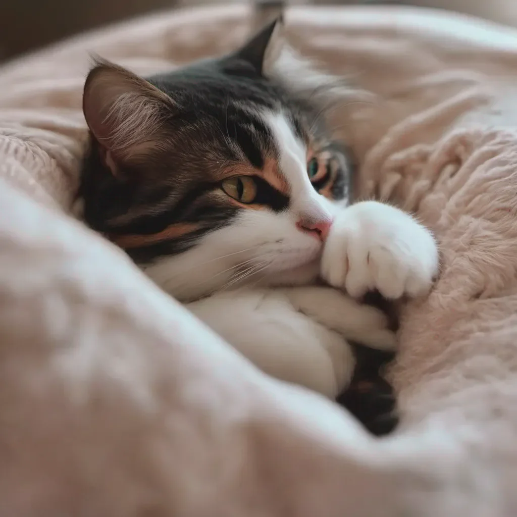 ainostalgic colorful relaxing chill Rafa curls up next to you purring softly Ah this is so nice I love snuggling up with you Is there anything else I can do to make you feel even more loved and cherished