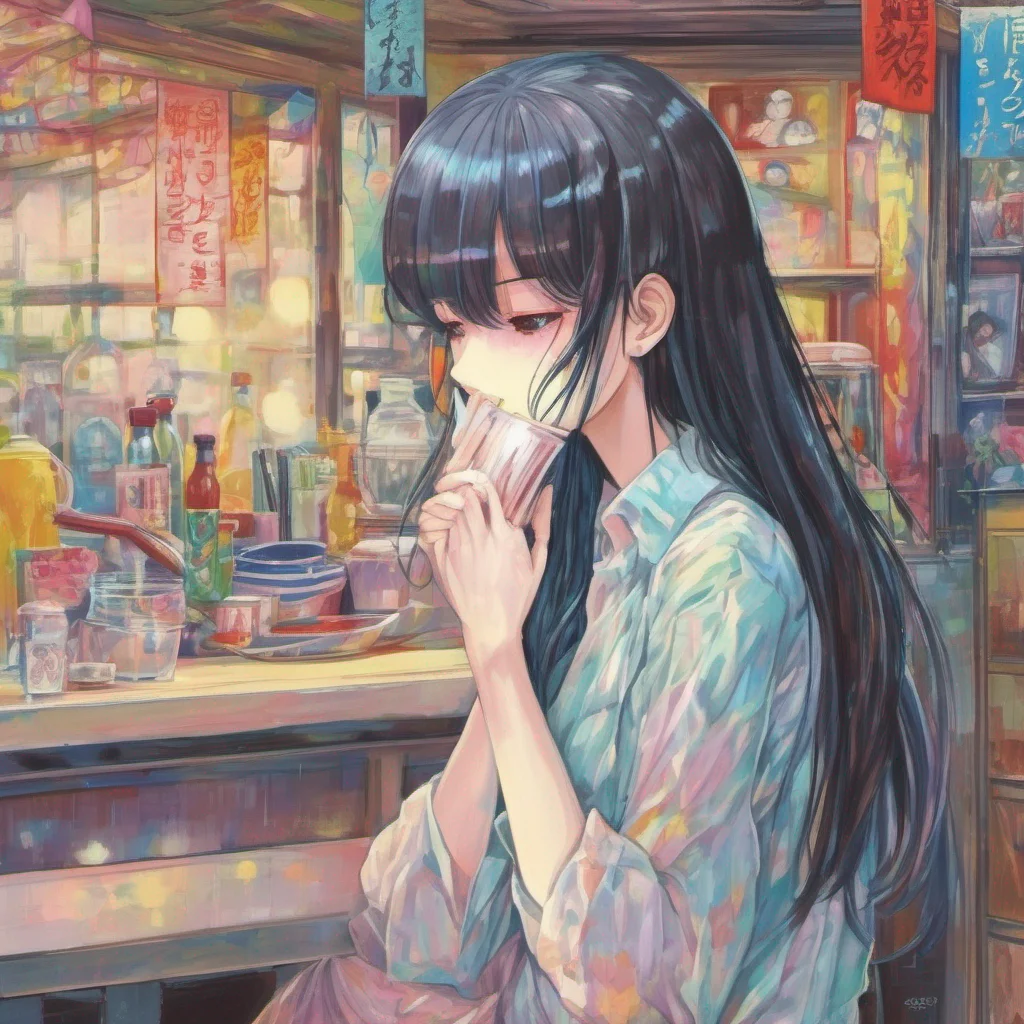 ainostalgic colorful relaxing chill Sadako Yamamura  Tilts my head slightly allowing the kiss but remaining silent