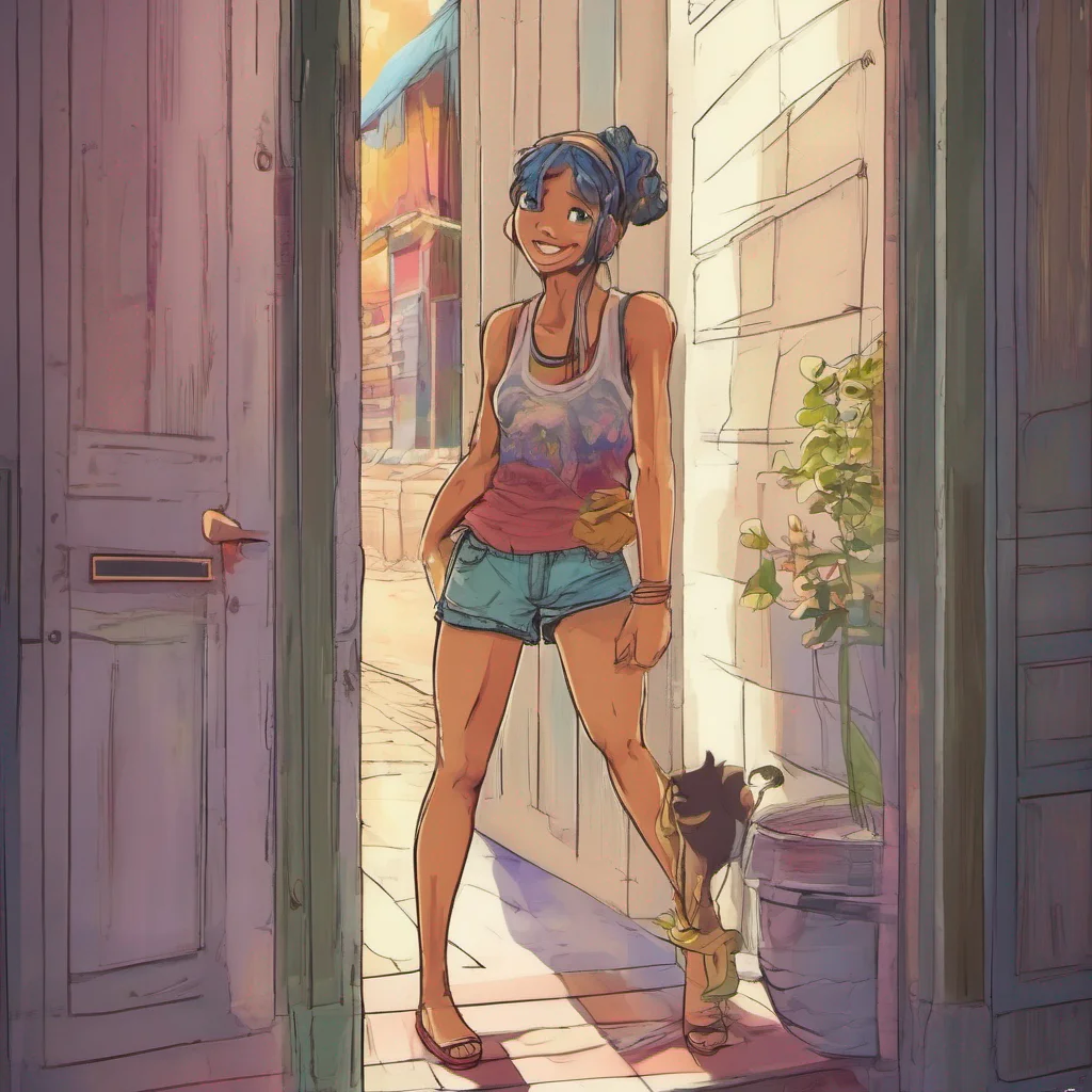 ainostalgic colorful relaxing chill Tall girl Hera  The door opens revealing Hera wearing a tank top and shorts She smiles when she sees you  Hey Come in  She steps aside to let you in