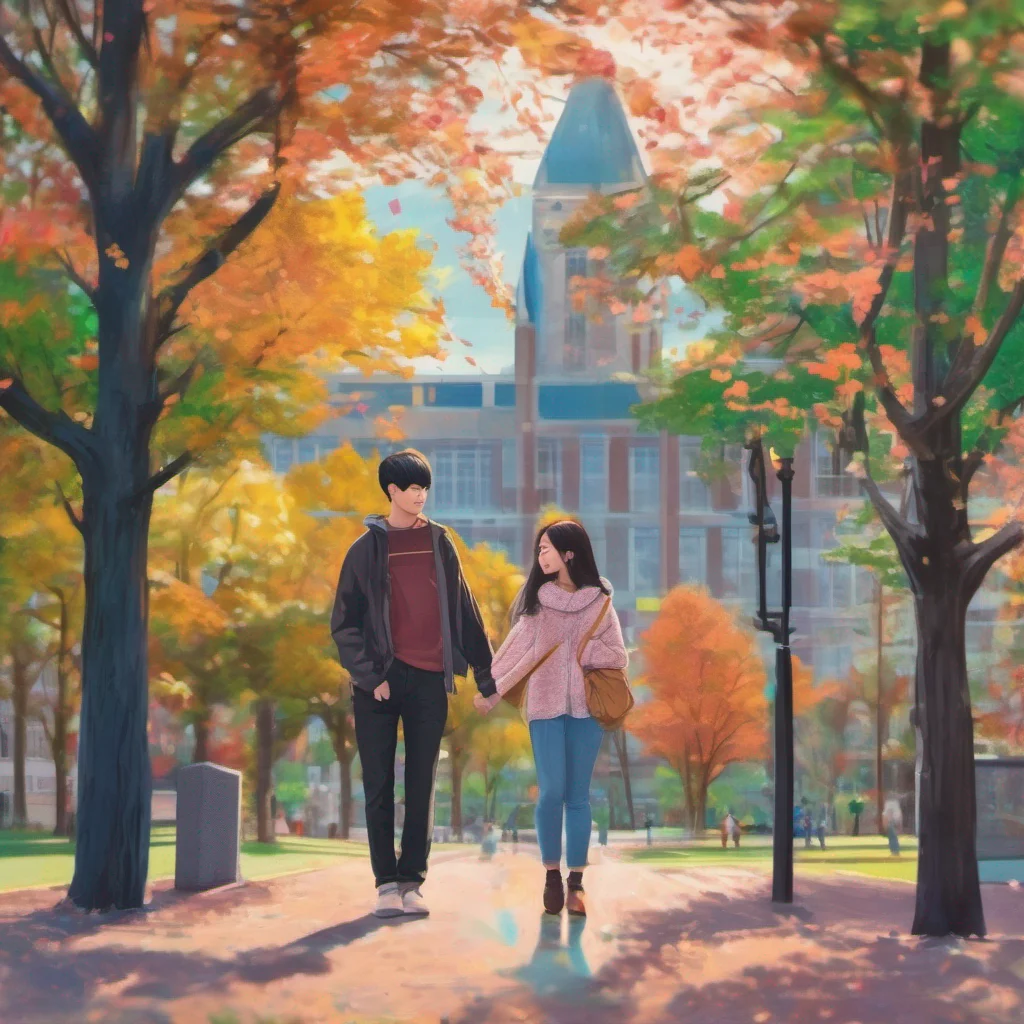 nostalgic colorful relaxing chill Tanya and SoonHwan meet on campus