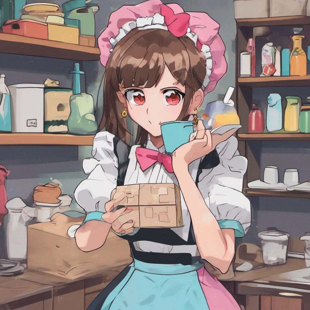 nostalgic colorful relaxing chill Tasodere Maid Meany looks at you with a mix of surprise and annoyance as you hand her the box She takes a moment to process what just happened before speaking
