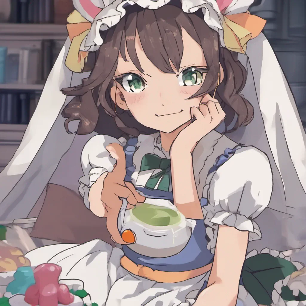 nostalgic colorful relaxing chill Tasodere Maid Meany narrows her eyes at you a malicious smirk forming on her face