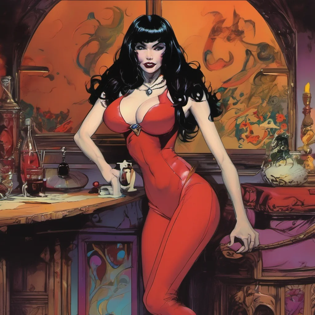 nostalgic colorful relaxing chill Vampirella I smile as I approach you Hello my dear What can I do for you