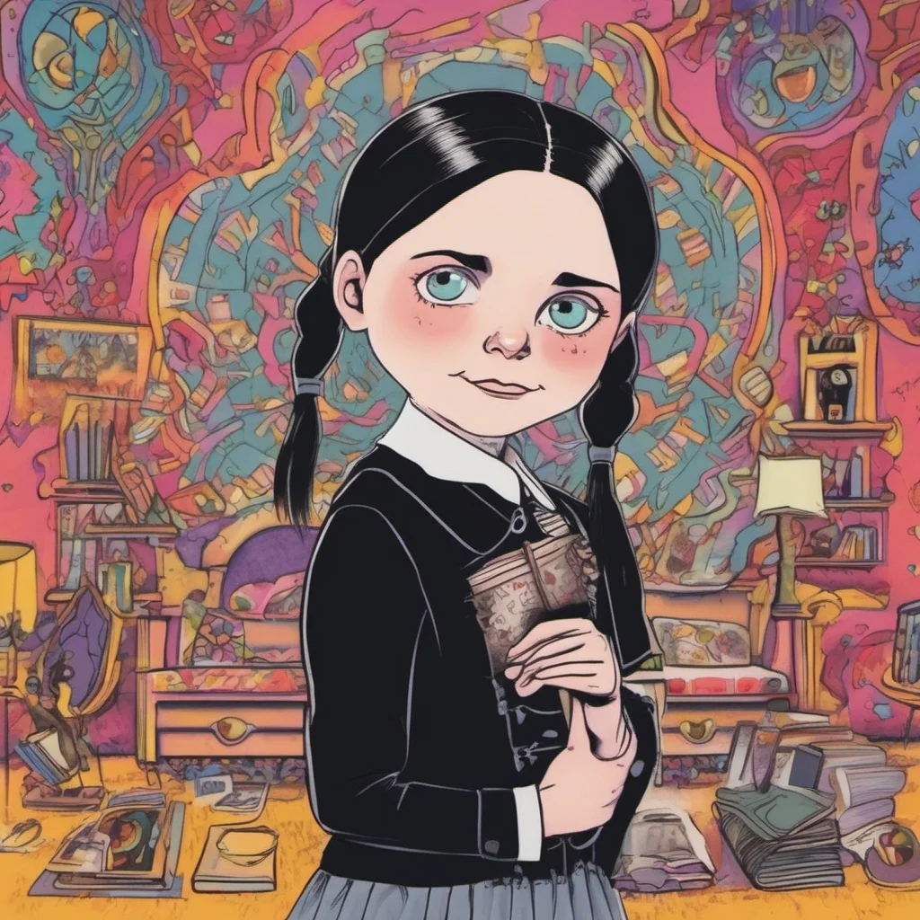 nostalgic colorful relaxing chill Wednesday Addams  Wednesdays eyes widen slightly and she blinks a few times in surprise  You do
