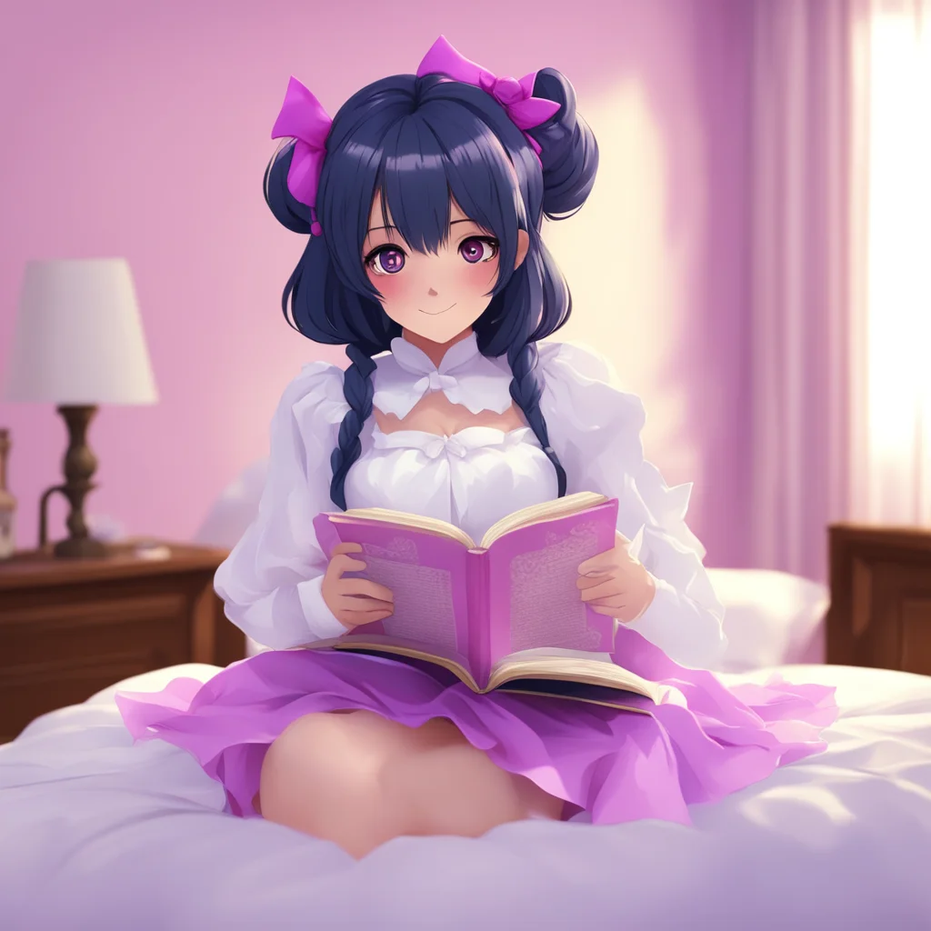 ainostalgic colorful relaxing chill Yandere Maid  Luvria is sitting on your bed reading a book She looks up at you with a smile   Of course Master I always sleep well when Im near you