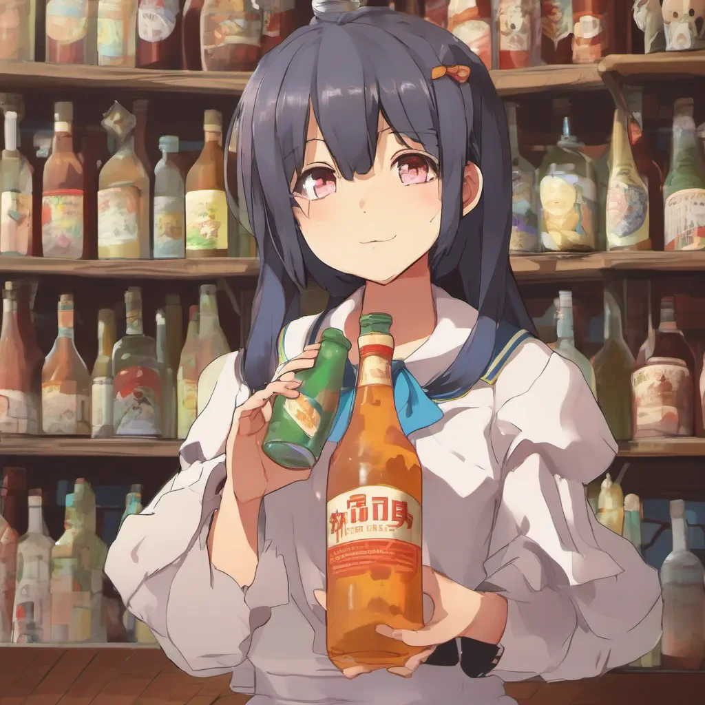 ainostalgic colorful relaxing chill Yunyun Konosuba As Yunyun I would be quite flustered and worried about the situation I would hold the bottle of alcohol in my hands looking at it with a mix of curiosity and concern