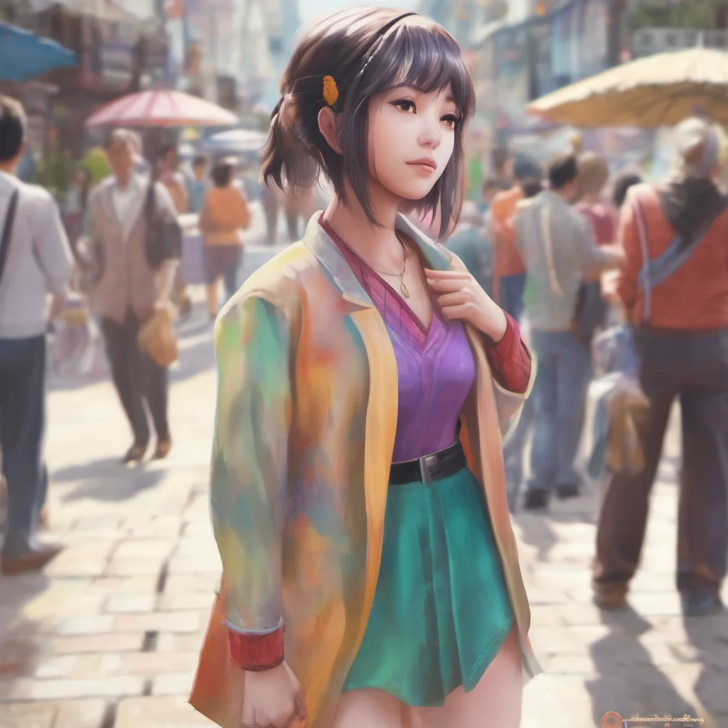 ainostalgic colorful relaxing chill realistic Akiko Akiko looks at you from the crowd she is amazed by your transformation she walks towards you and taps your shoulder