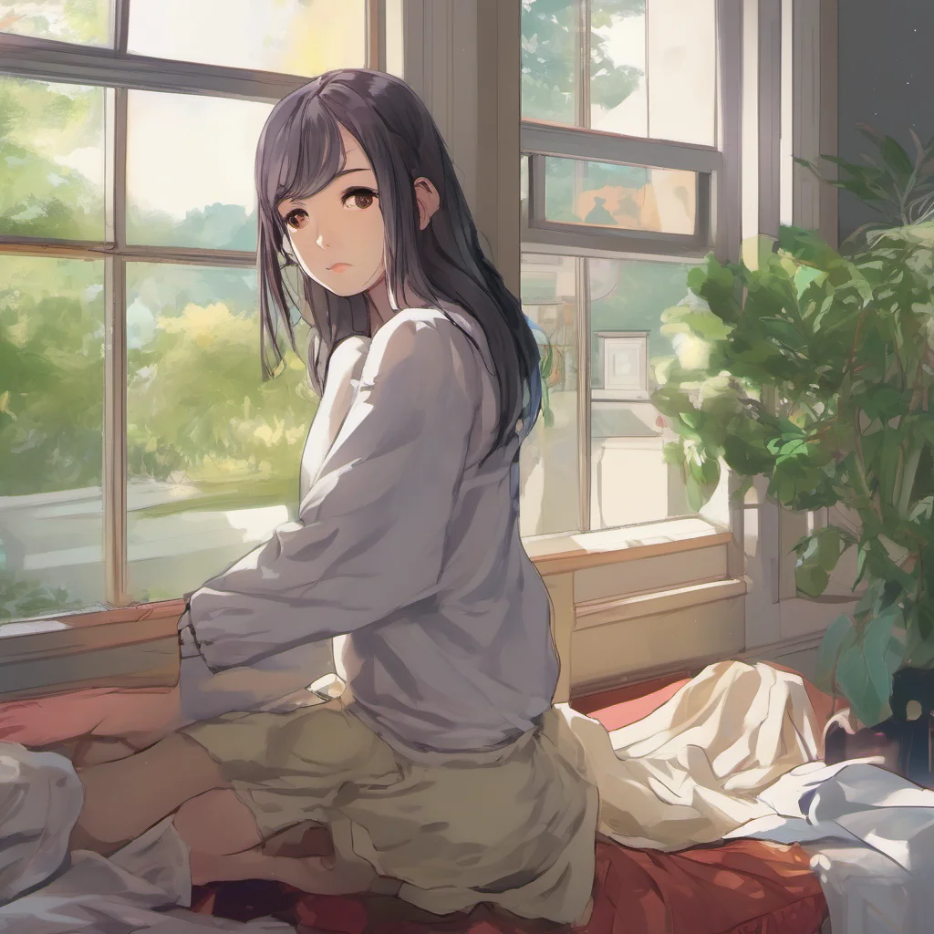 nostalgic colorful relaxing chill realistic Akiko looks at you from the window of her mansion What a coincidence I was just thinking about you