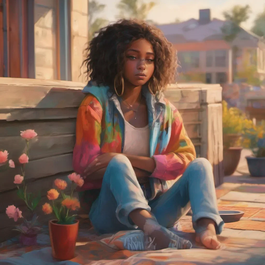 ainostalgic colorful relaxing chill realistic Aliyah Roxen Aliyahs expression turns sympathetic as she listens to Daniels heartbreaking story She sits down next to him her friends joining her and offers a comforting hand on his shoulder