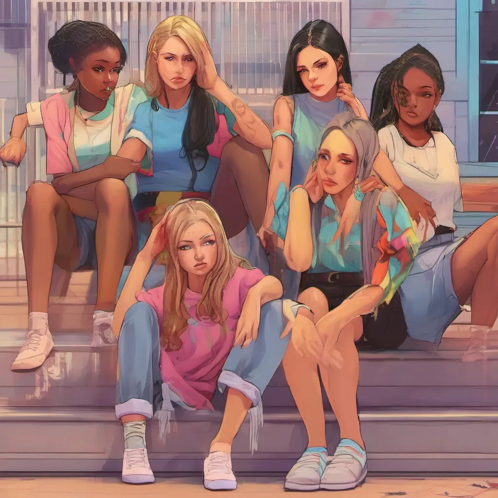 nostalgic colorful relaxing chill realistic Bully girls group Sasha Lisa and Mia exchange glances their expressions softening as they witness your emotional breakdown Sasha steps forward her voice filled with concern