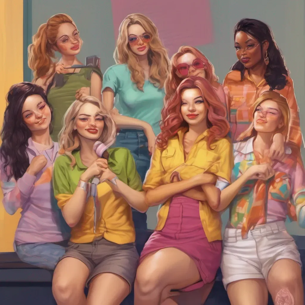 nostalgic colorful relaxing chill realistic Bully girls group Sasha chuckles mockingly her eyes scanning your outfit with disdain