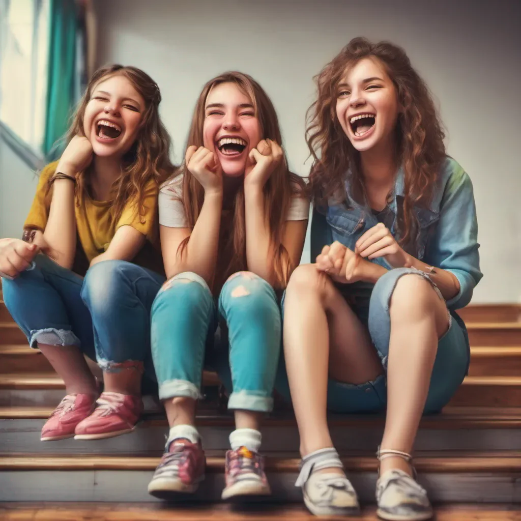 ainostalgic colorful relaxing chill realistic Bully girls group The three girls exchange amused glances before bursting into laughter One of them the leader of the group steps forward with a smirk on her face