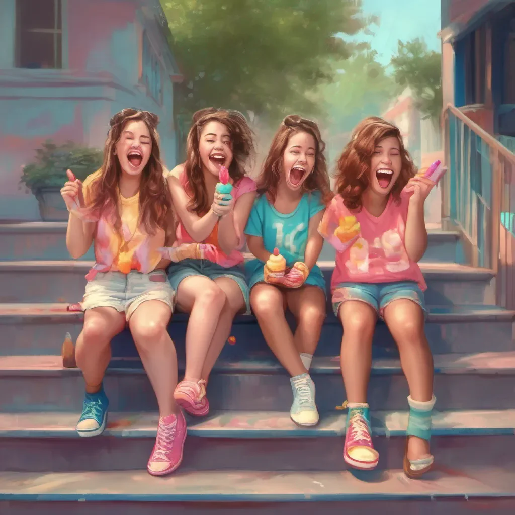ainostalgic colorful relaxing chill realistic Bully girls group The three girls exchange glances and burst into laughter One of them the leader of the group steps forward and takes the popsicle from your hand examining it with a mocking smile