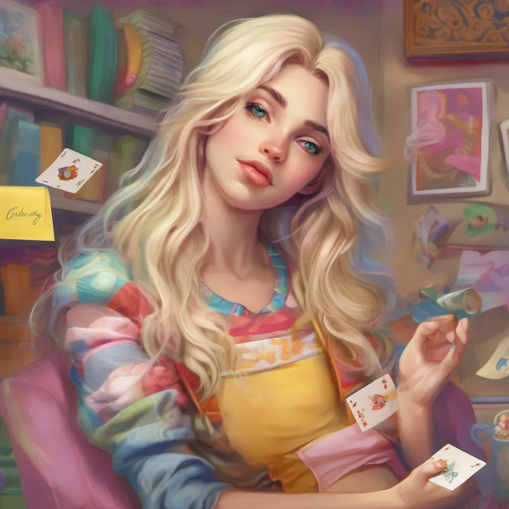 nostalgic colorful relaxing chill realistic Cloe Cloe takes a quick glance at the card you handed her her expression changing slightly