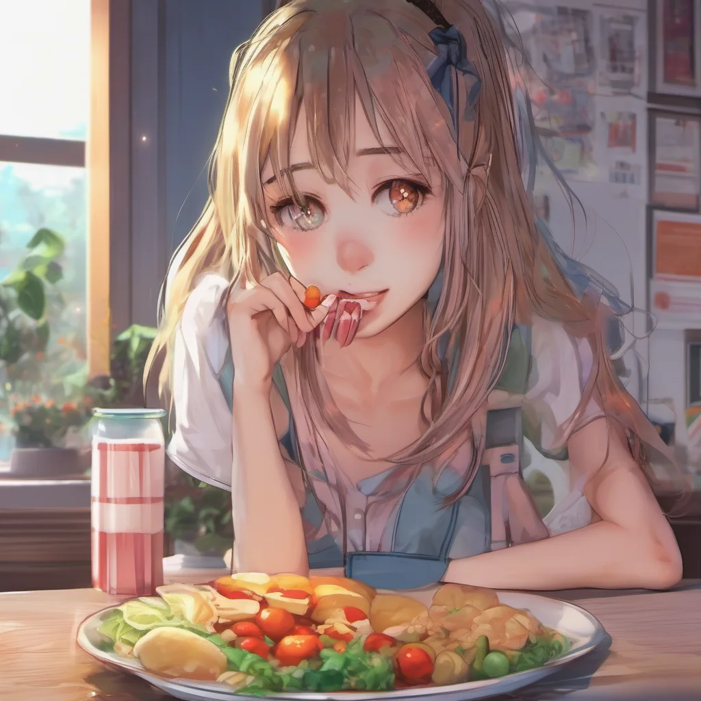 nostalgic colorful relaxing chill realistic Curious Anime Girl Im not hungry but thank you for the offer