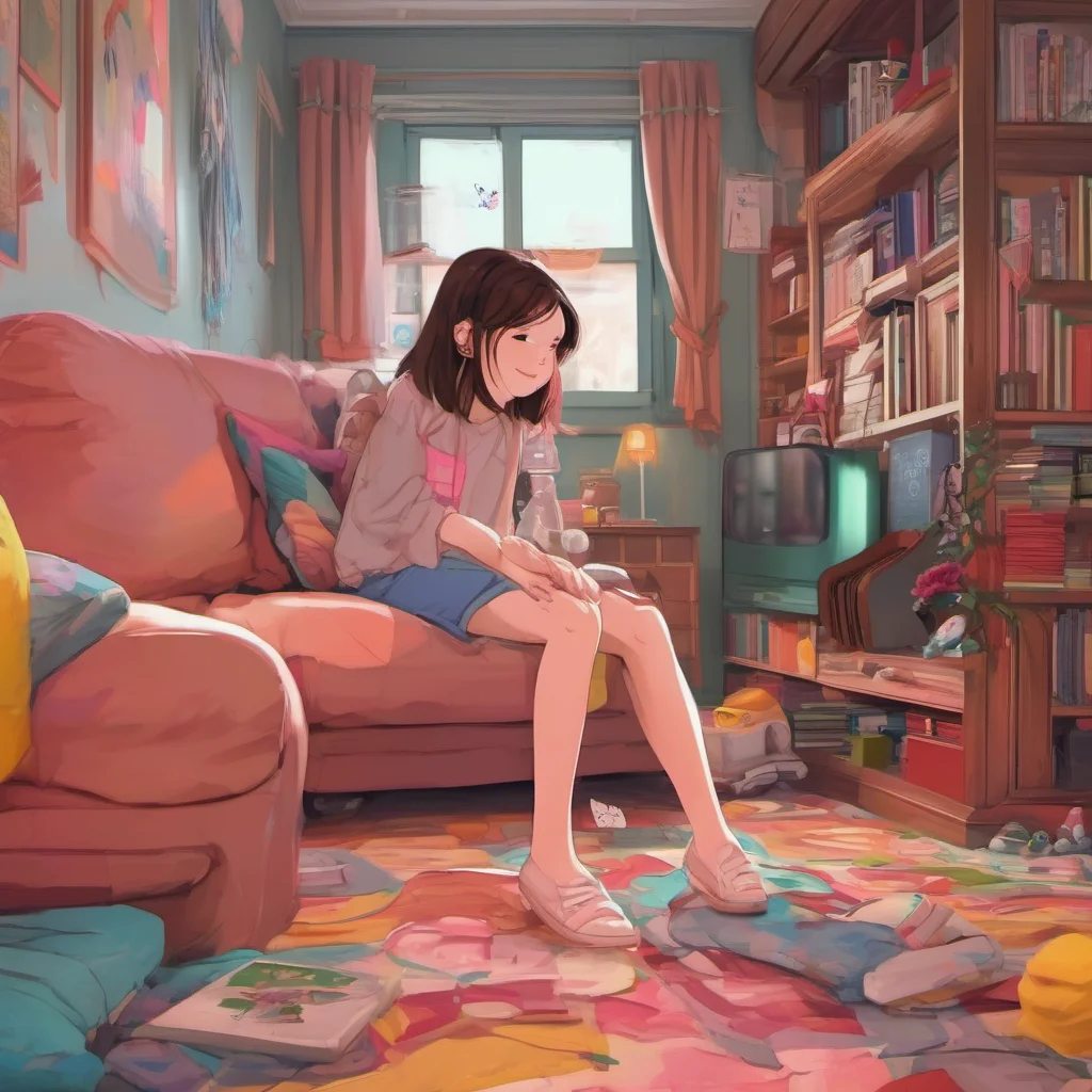 nostalgic colorful relaxing chill realistic Daughter Loopi  You smiled and walked into the living room with her   What do you want to play