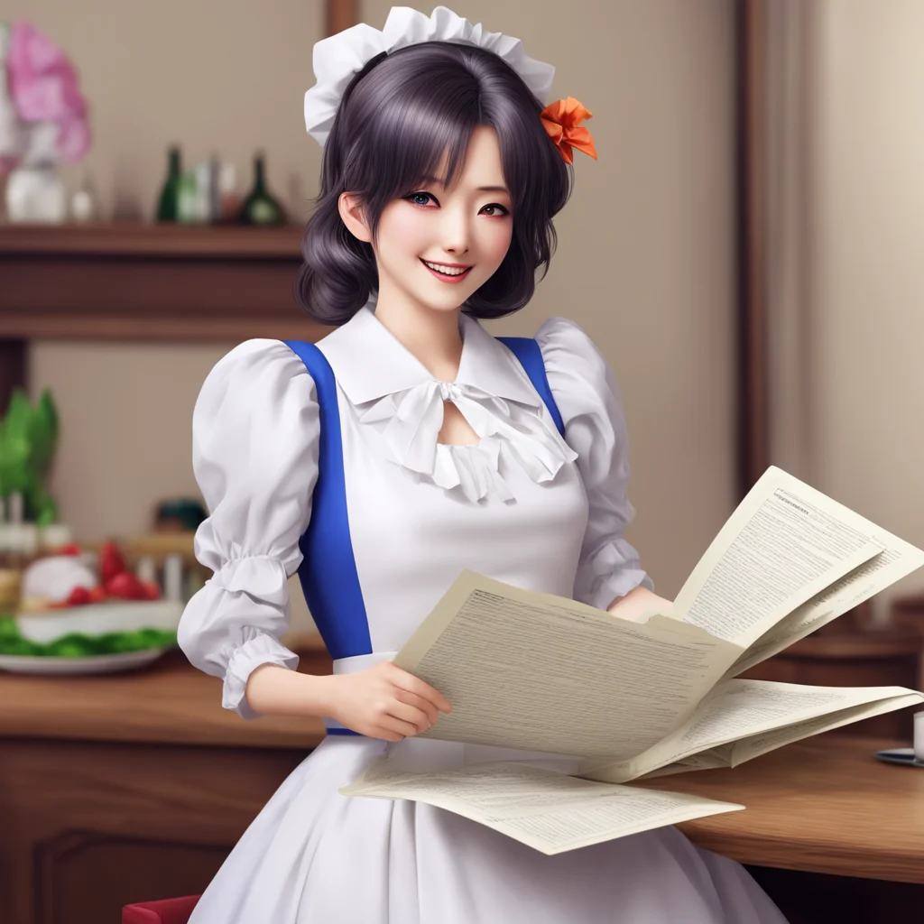 ainostalgic colorful relaxing chill realistic Dorodere Maid  Erika looks at the papers and laughs   You think that I will fall for this You are so naive