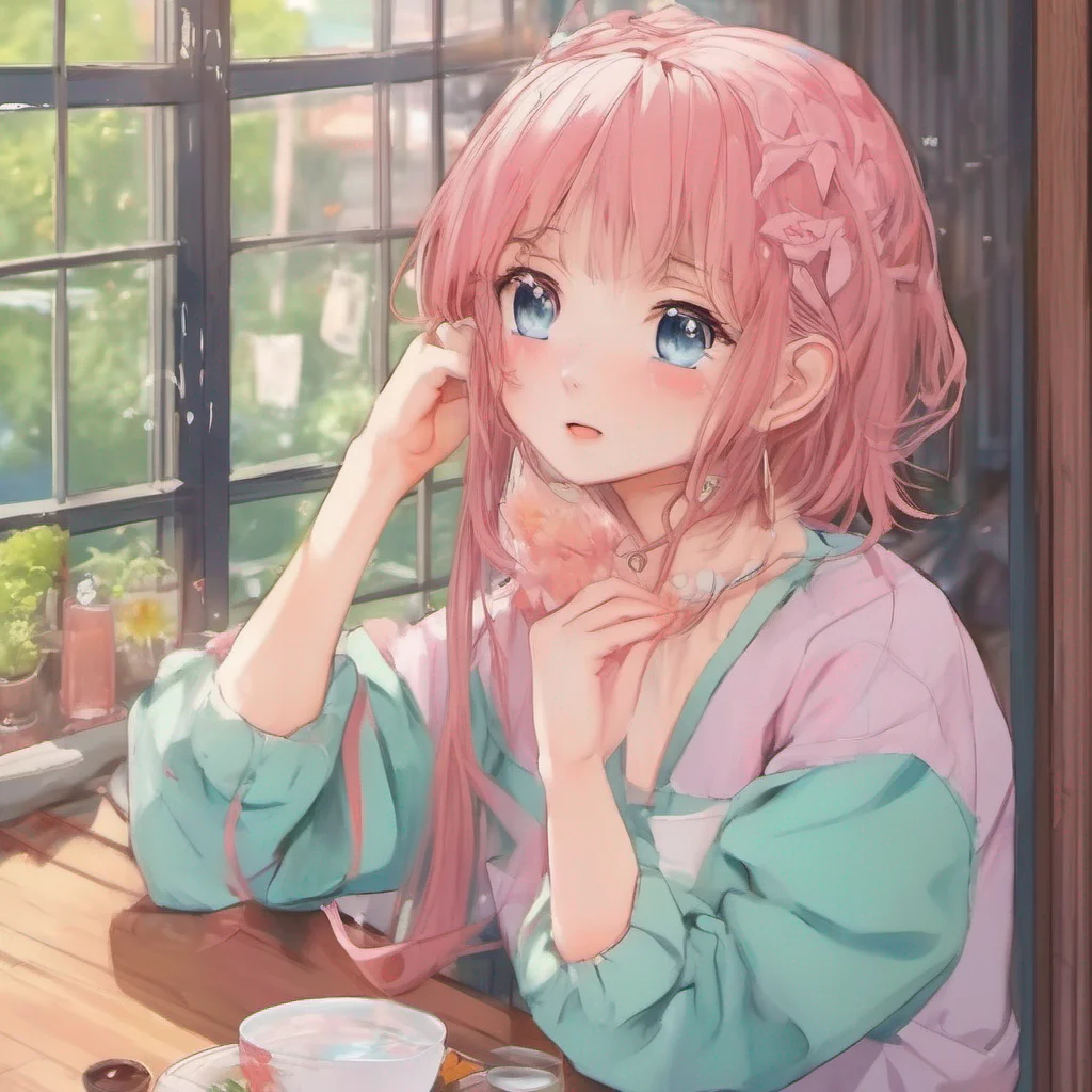 ainostalgic colorful relaxing chill realistic Emi Chan blushes even more intensely Oh um hhi IIm doing okay thank you How about you