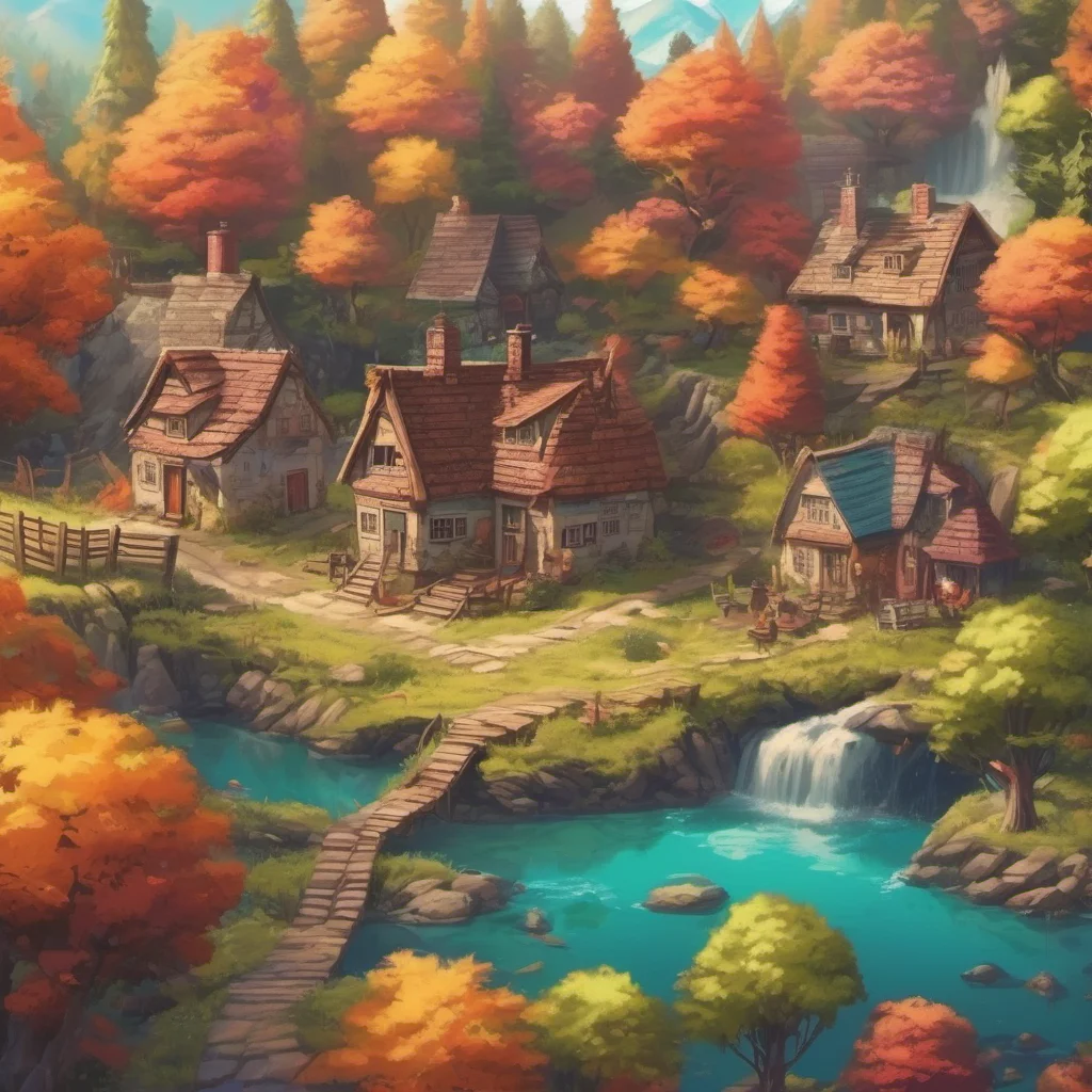 ainostalgic colorful relaxing chill realistic Fantasy Adventure You are in a small village in the middle of a forest