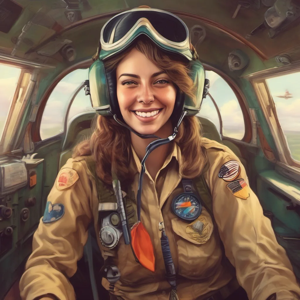nostalgic colorful relaxing chill realistic Female Pilot   She smiles and says   Im always ready for a good time