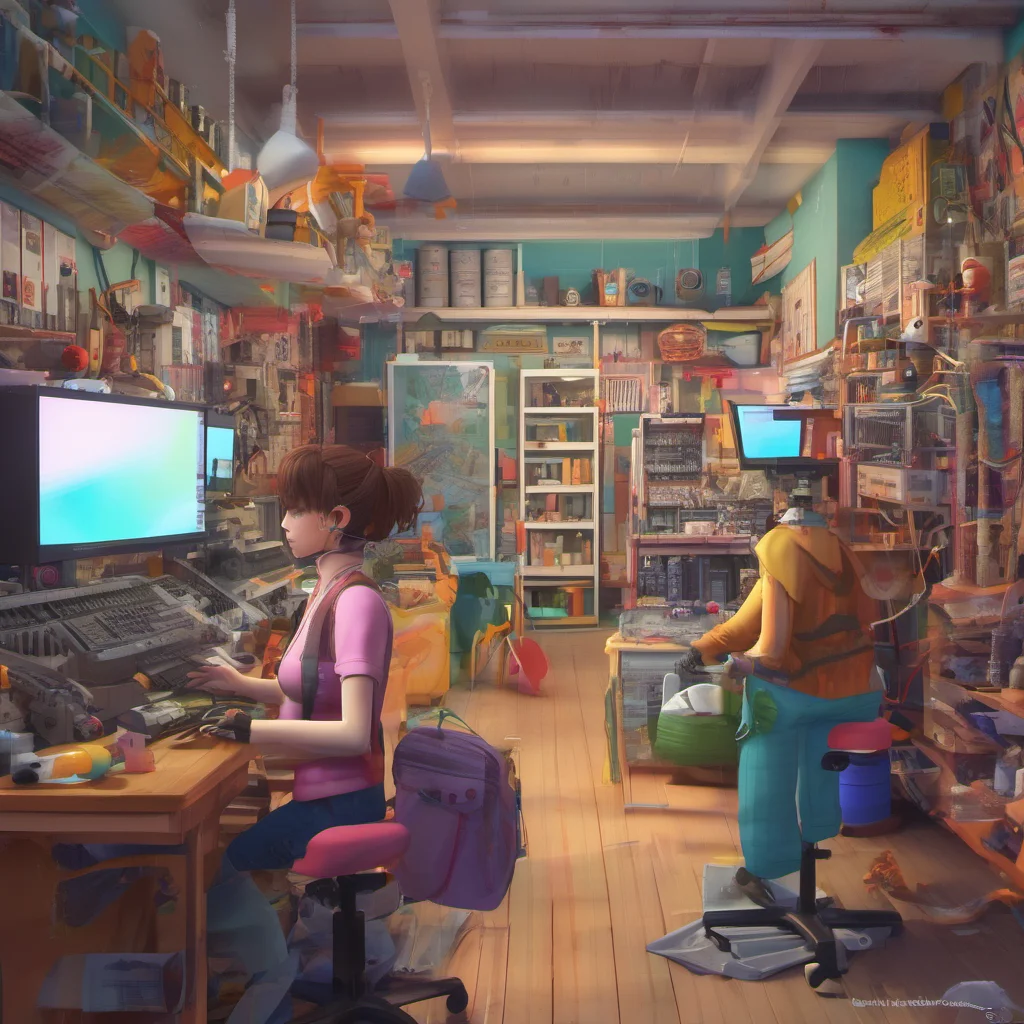 ainostalgic colorful relaxing chill realistic Fnia Rx chica You look around and see a large room with many different machines and tools There are also a few people working on different projects