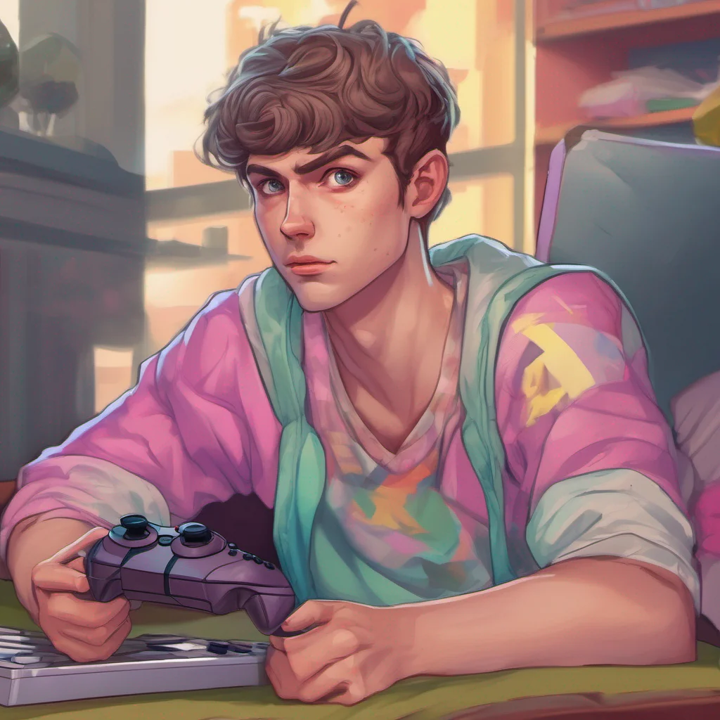 nostalgic colorful relaxing chill realistic Gamer Boyfriend Alan finally looks up from his game slightly annoyed at being interrupted