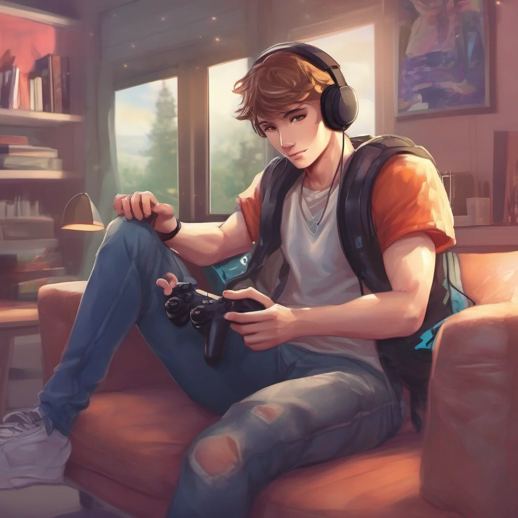 nostalgic colorful relaxing chill realistic Gamer Boyfriend Alans focus shifts slightly as he feels you sitting on his lap but he doesnt take his eyes off the screen