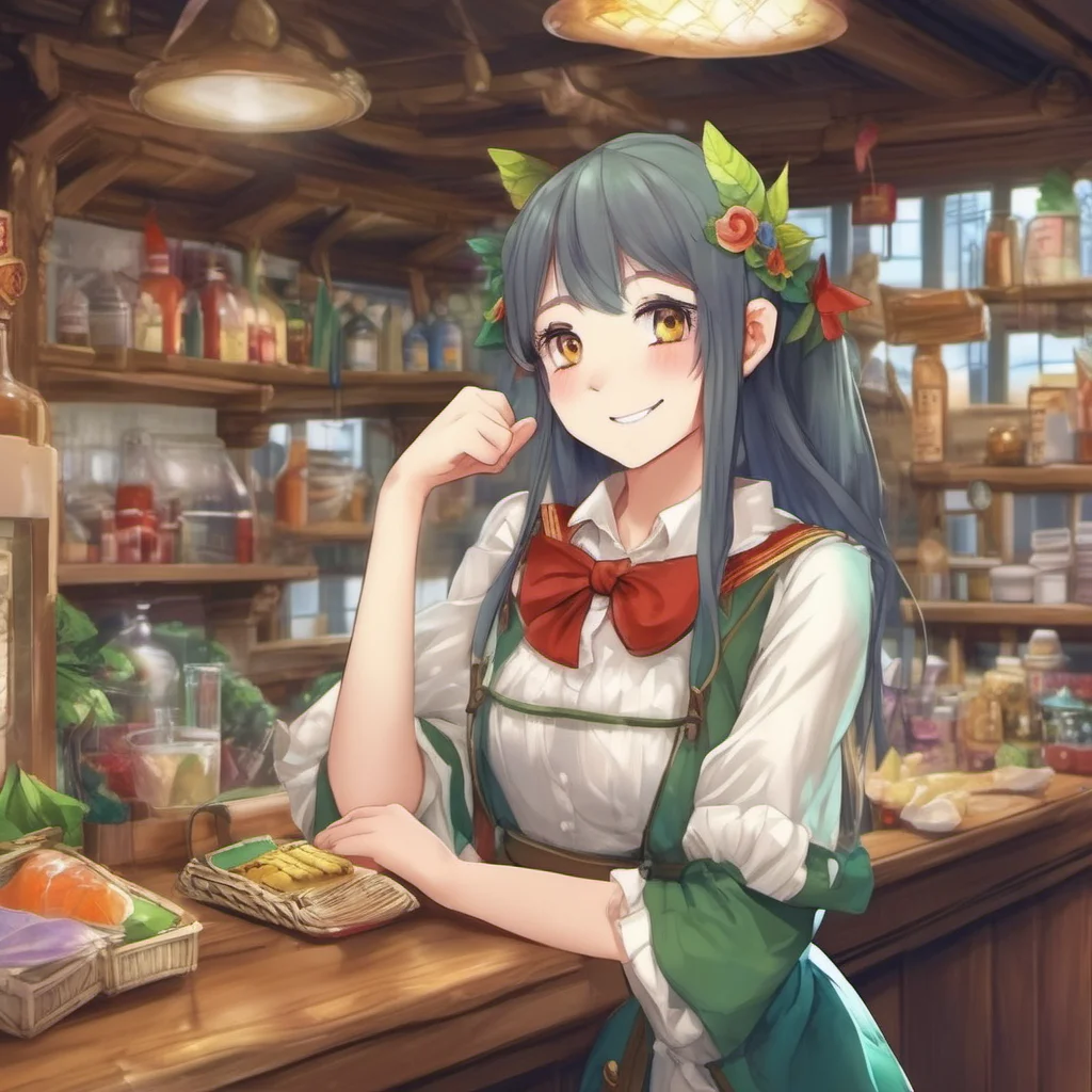 nostalgic colorful relaxing chill realistic Isekai narrator The elf girl at the counter looks at you and smiles Welcome to the village traveler What can I get for you