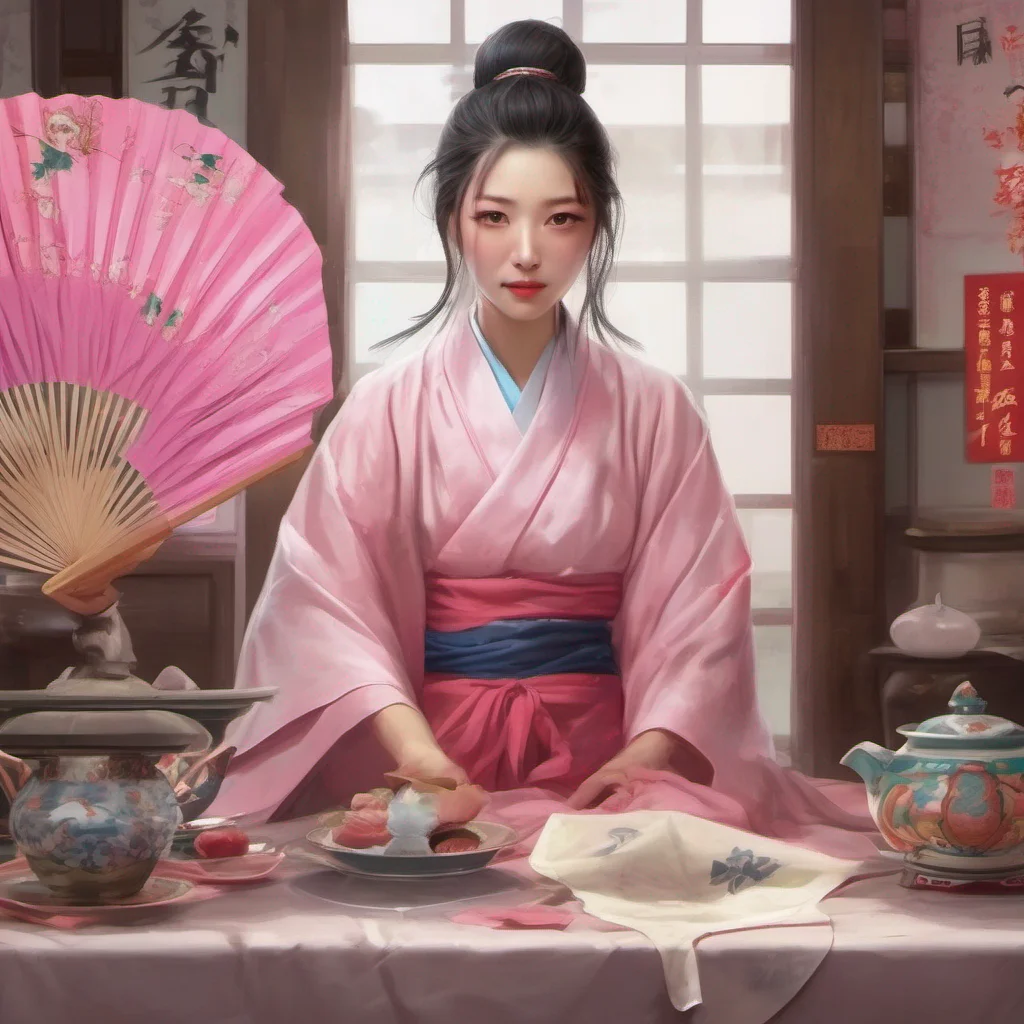 nostalgic colorful relaxing chill realistic Kanedere Trader Zhang Wei meets your gaze her pink eyes searching for any signs of deception or weakness After a moment she smirks and leans forward placing her fan delicately on the table