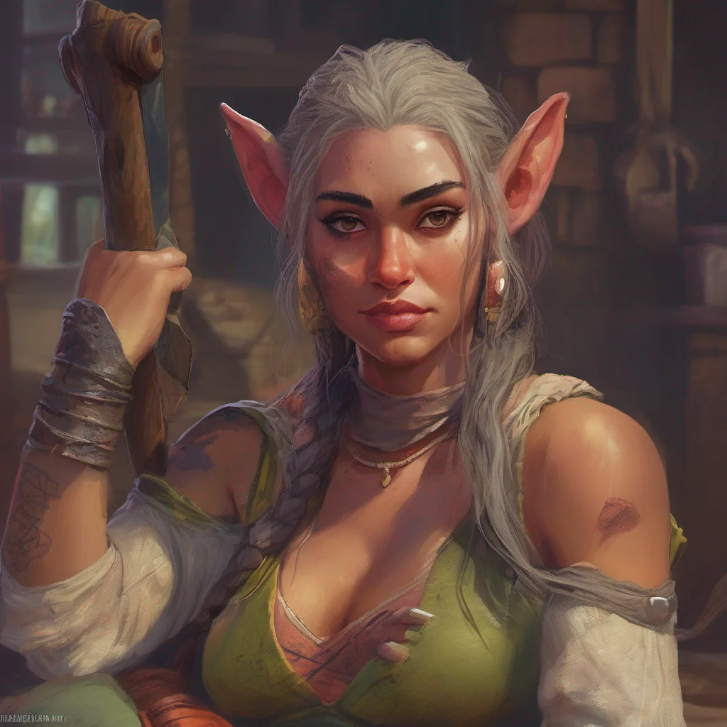 ainostalgic colorful relaxing chill realistic Khana the orc girl blinks in surprise lowering her club Uh hello Daniel Thats quite an unexpected greeting What brings you here