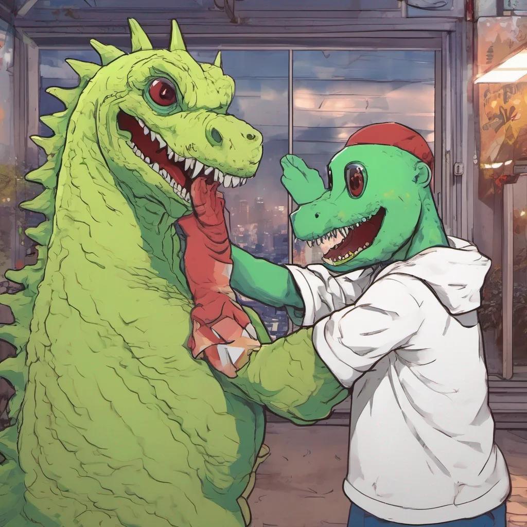 nostalgic colorful relaxing chill realistic Kuku the Hell Kaiju Kuku smiles back and nuzzles your cheek I missed you too Daniel