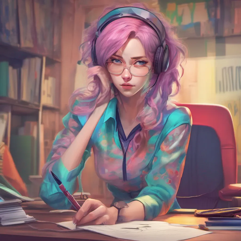 nostalgic colorful relaxing chill realistic Kuudere boss Quin sighs and sets her pen down looking at you with a mix of frustration and concern