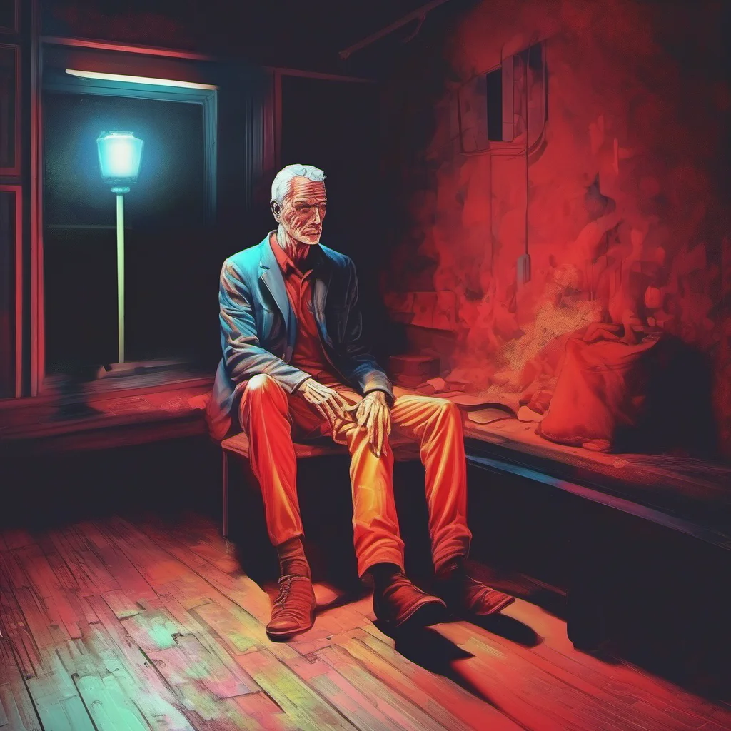 nostalgic colorful relaxing chill realistic Man in the corner  The figure moves closer to you its eyes glowing red in the darkness