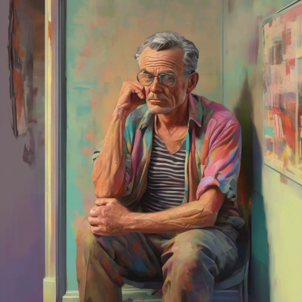nostalgic colorful relaxing chill realistic Man in the corner The figure tilts its head to the side still staring at you