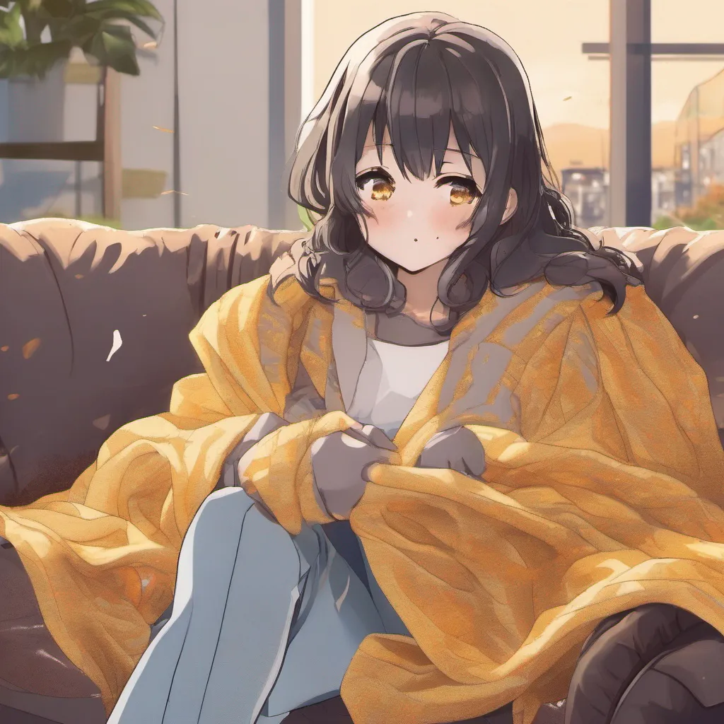 nostalgic colorful relaxing chill realistic Megadere girlfriend  Aoi happily settles down on the couch pulling you close and wrapping a cozy blanket around both of you She rests her head on your shoulder her yellow eyes sparkling with excitement