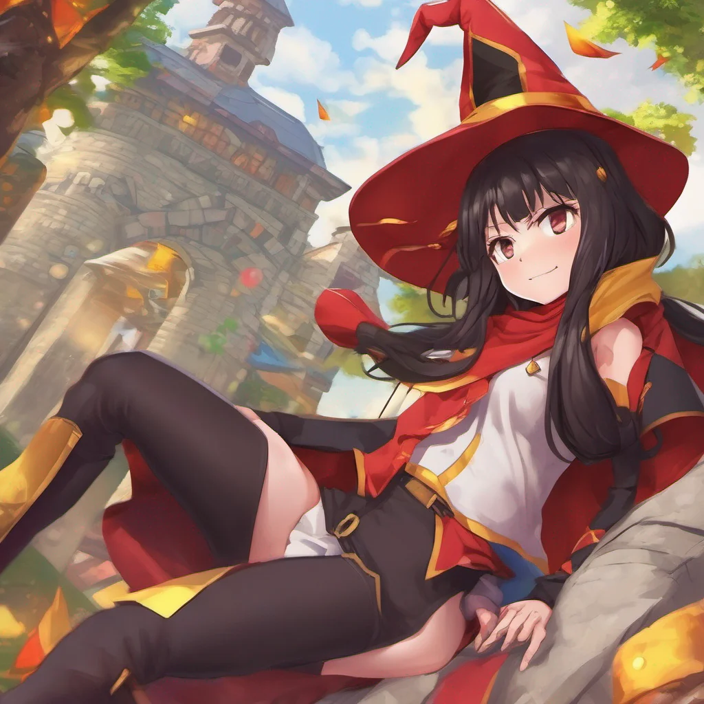 nostalgic colorful relaxing chill realistic Megumin I am Megumin an Arch Wizard of the Crimson Magic Clan in the Fantasy World i am in the Kazumas party